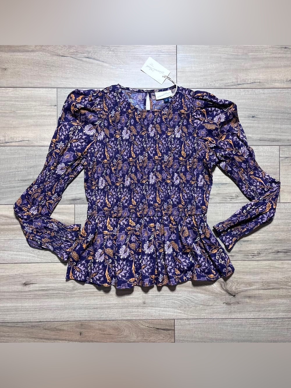 Universal Thread Womens Floral Smocked Peplum Top Long Sleeve Top Size S Purple